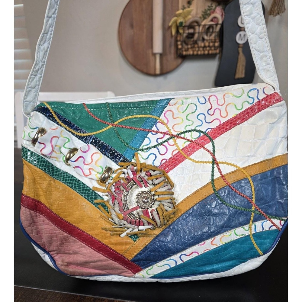 Vintage Samir Leather Handbag White Colorful Shoulder Bag Concho Fringe 80s 90s‎